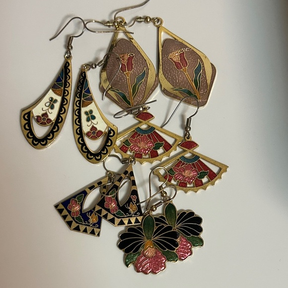 Bundle Vintage Enamel Cloisonne Dangle Pierced Earrings Flower jewelry lots - Picture 13 of 16